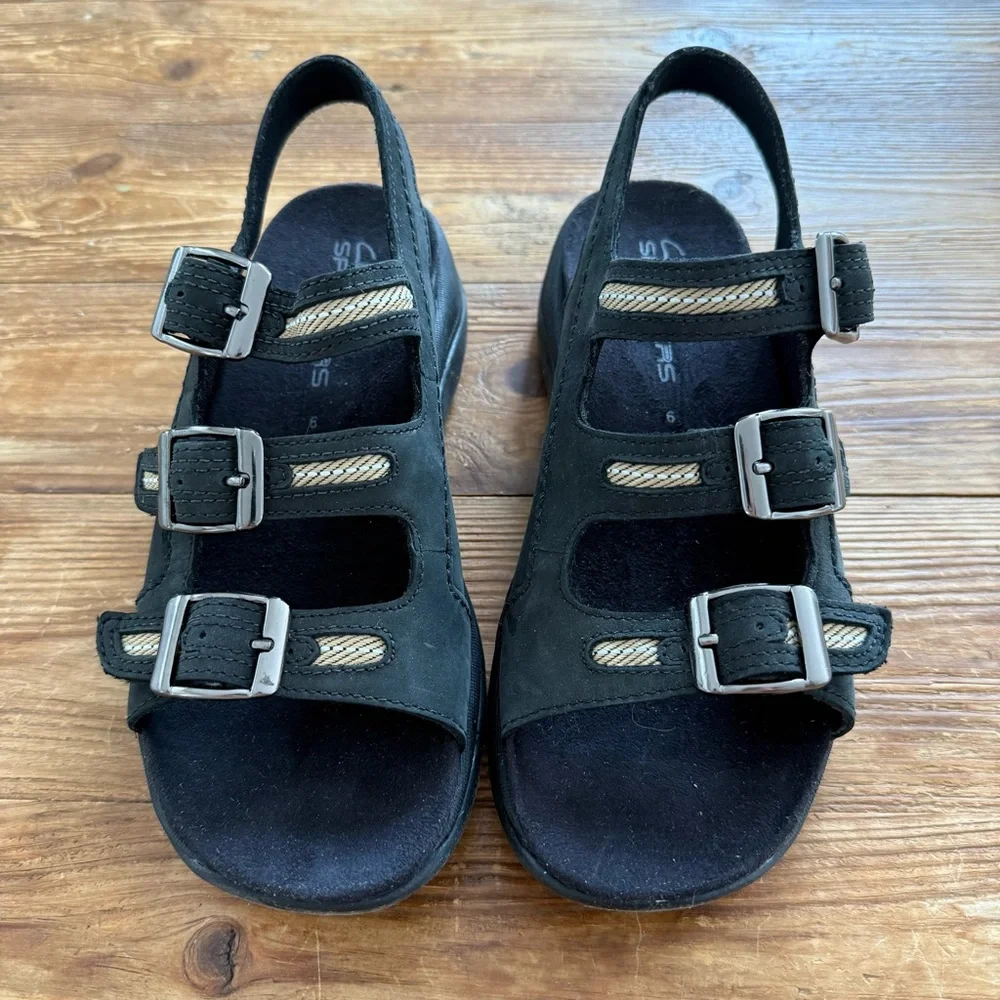 Clarks Springers Black Leather Casual Sporty Sandals Buckle Straps Women's 6 NEW - Picture 2 of 9